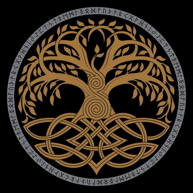 Viking design World Tree from Scandinavian mythology Yggdrasil and Celtic pattern frame Drawn in Old Norse Celtic style