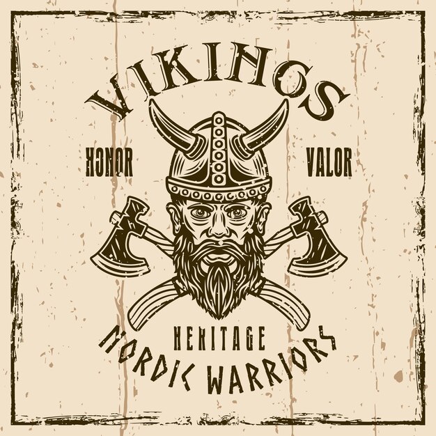 Viking head and crossed axes vector vintage emblem label badge or print illustration on background with grunge textures