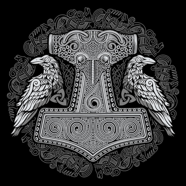 Viking old celtic scandinavian design hammer of god thor two ravens and celtic patterns drawn in