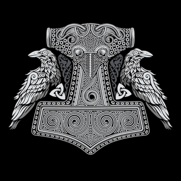 Viking old celtic scandinavian design hammer of god thor two ravens and celtic patterns drawn in