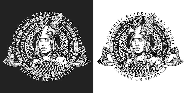 Vector viking round vintage label in monochrome style with battle axes and beautiful valkyrie in winged helmet and metal armor