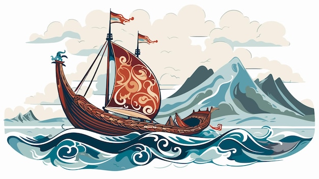 Vector viking ship in scandinavian fjord historical maritime adventure