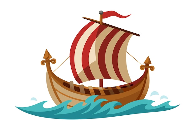 Viking ship with red sails on the water