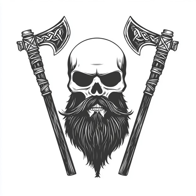 Vector viking skull with two axes retro