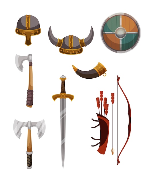 Viking weapons and armor Horned helmet wooden shield horn axe sword arrows in quiver and bow