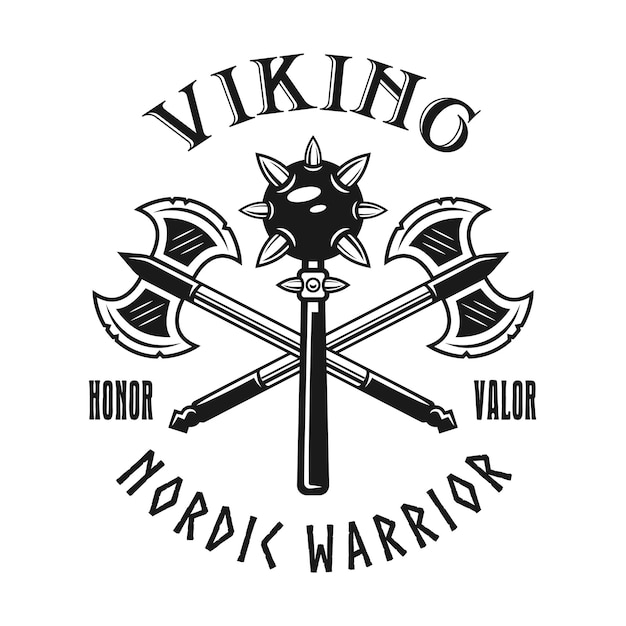 Vector vikings weapons vector emblem, label, badge, logo or t-shirt print in monochrome style isolated on white background