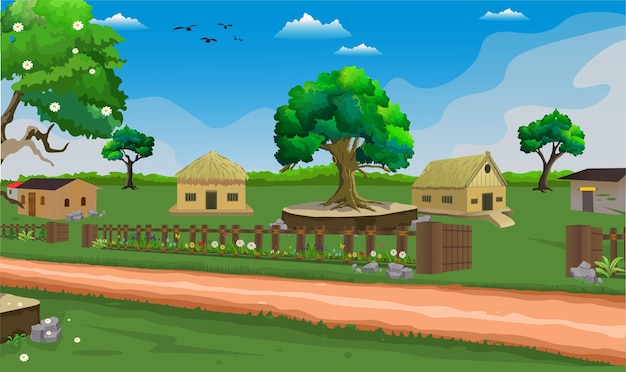 Village cartoon background illustration background with sun, houses trees, and narrow road.