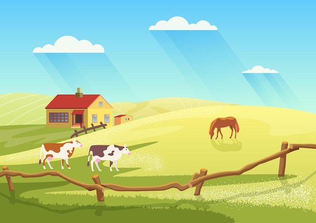 Vector village dairy farm with cows rural ranch countryside summer landscape and farmhouse