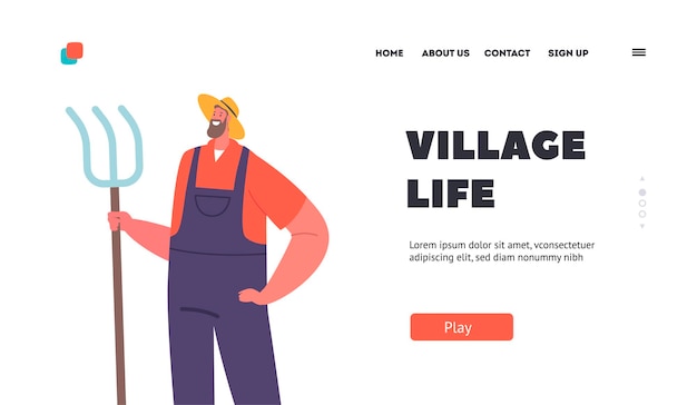 Village Life Landing Page Template Rancher Male Character Farmer Man in Straw Hat And Overalls Stand with Pitchfork