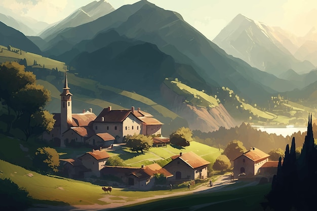 Village in a lush hilly grassy landscape in sunny day painting. Vector illustration.