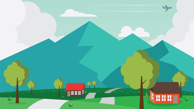 Village and Mountains Panorama View in Flat Design EPS Free Vector