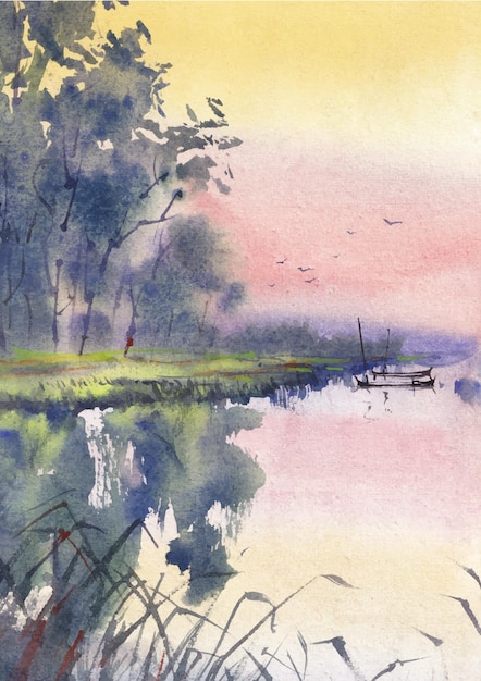 village nature at rainy season by watercolor