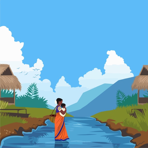 Vector a village peaceful landscape illustration background