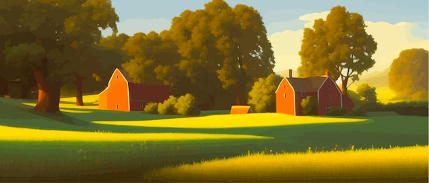 Vector village summer landscape village houses in traditional style trees near houses illustration vector