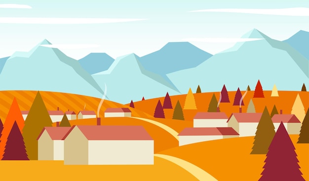 Vector village town, cityscape with houses, mountains and trees. autumn season village and mountains