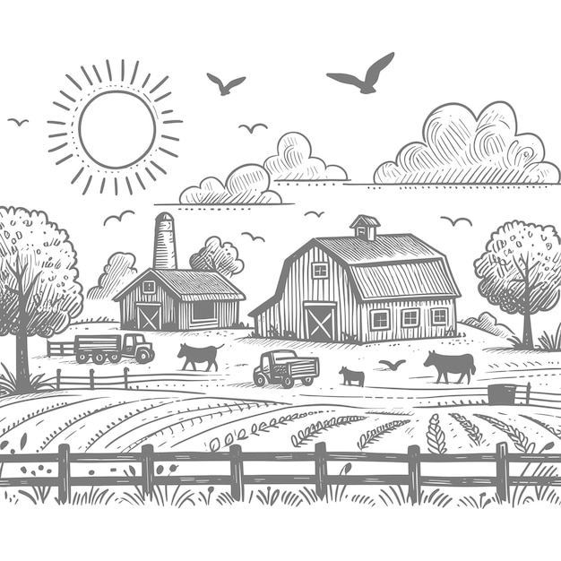 Village vector black line illustration isolated white Sketch art