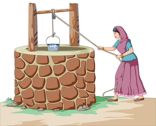 Village woman pulling out water in a bucket from well