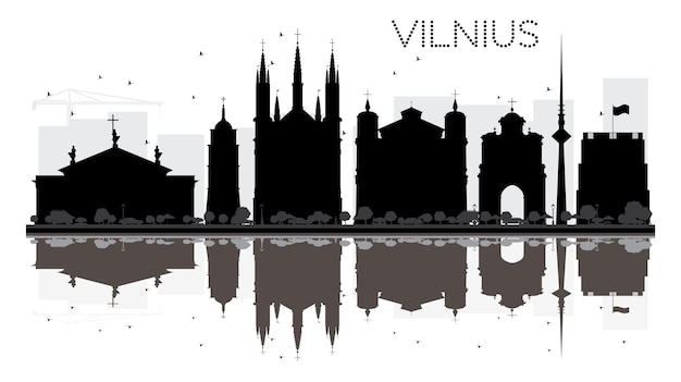 Vilnius City skyline black and white silhouette with reflections. Vector illustration. Simple flat concept for tourism presentation, banner, placard or web site. Cityscape with landmarks