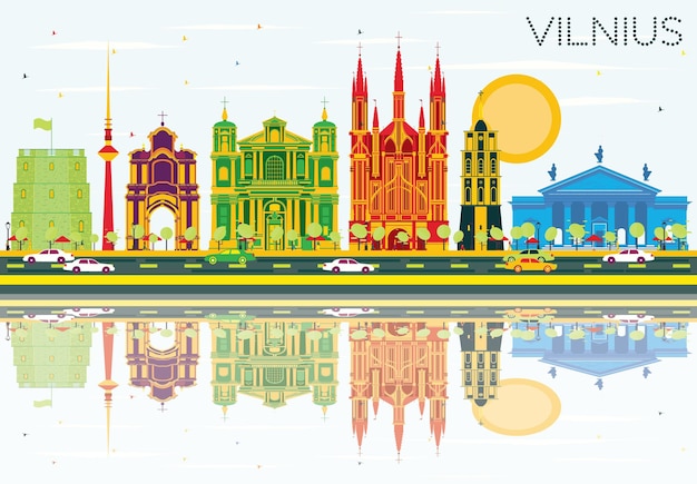 Vilnius Skyline with Color Buildings, Blue Sky and Reflections. Vector Illustration. Business Travel and Tourism Concept with Historic Architecture. Image for Presentation Banner Placard and Web Site.