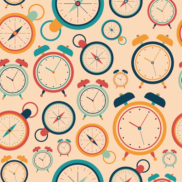 Vintage abstract seamless pattern with alarm clocks.