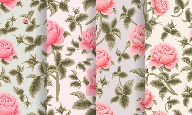 Vintage Aesthetic Garden Rose Flower Seamless Pattern Set for fabric paper background decoration