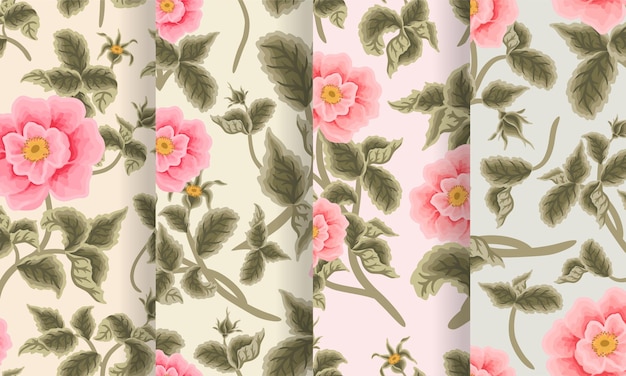 Vintage Aesthetic Garden Rose Flower Seamless Pattern Set for fabric paper background decoration