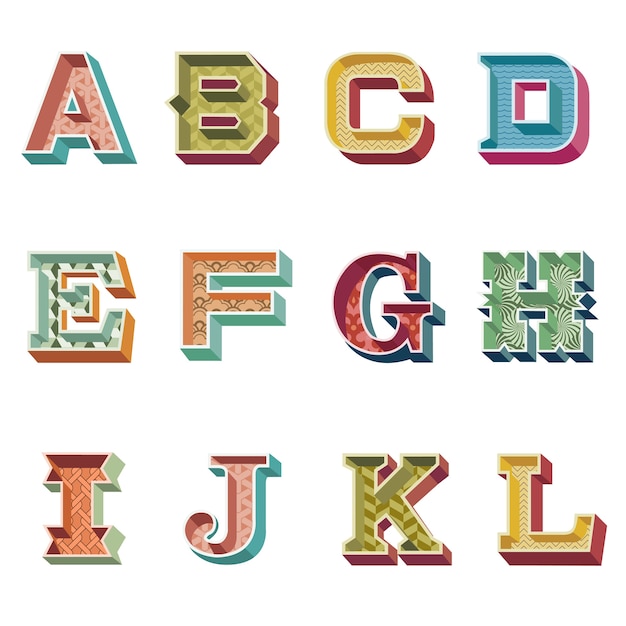 Vintage alphabet illustration A-L