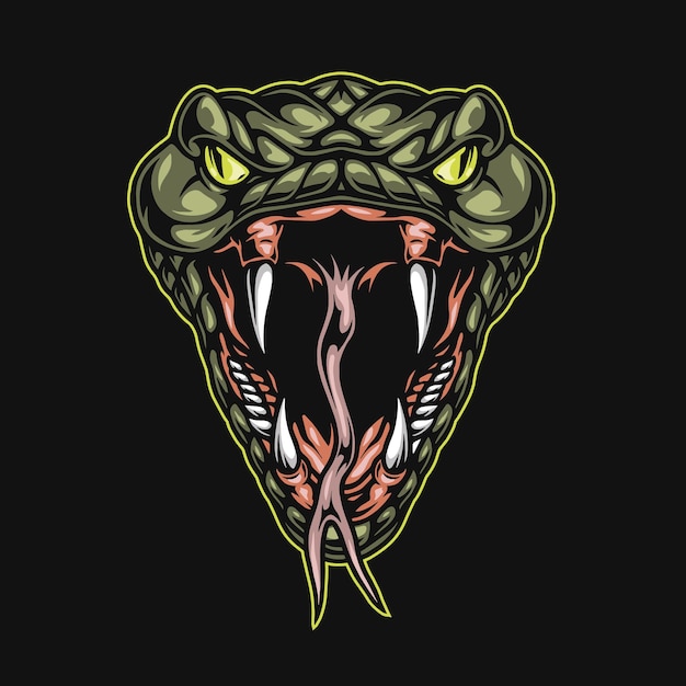 Vintage angry snake head with big fangs and forked tongue