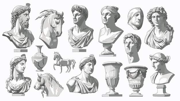 Vector vintage antique statues of woman knight and horse sculptures