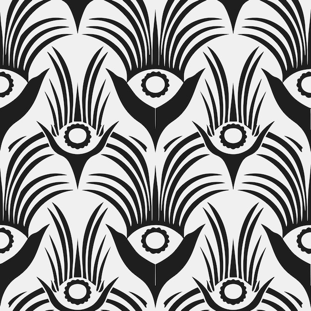 Vintage Art Deco Seamless Black and White Botanical Palm Leaves Pattern