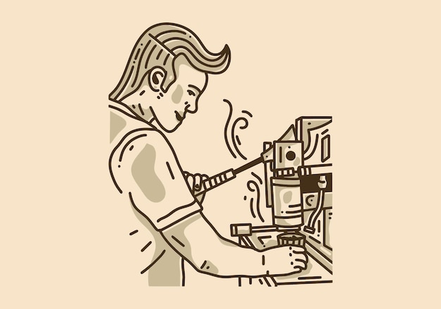 Vintage art illustration of man making coffee