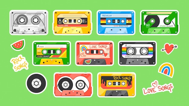 Vintage Audio Cassette Stickers Collection Retro Labels For Classic Cassette Tapes Perfect For Nostalgiathemed Designs Highquality Cartoon Vector Illustration Isolated Patches Set