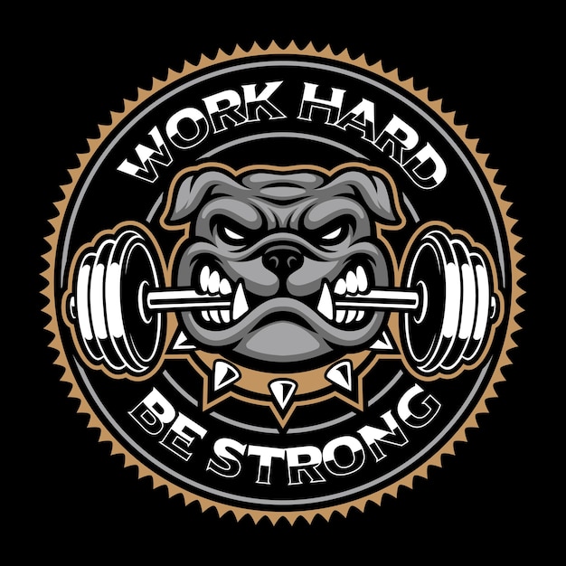 Vintage badge of dog, bodybuilding mascot on the dark background.