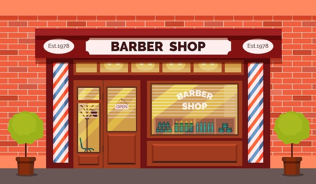 Vintage barber shop store facade with storefront large window, columns and brick wall.