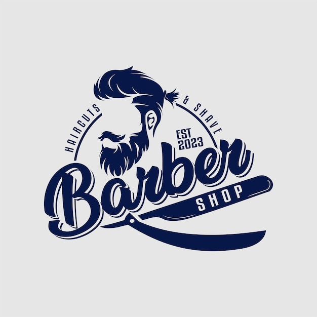 Vintage Barbershop Logo Template with icon sign bearded man and razor retro label badge isolated