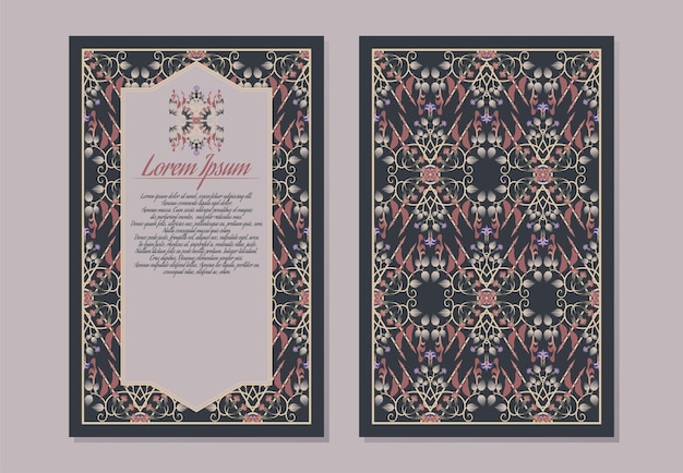 Vector vintage batik medieval brochure with purple floral and red flag pattern