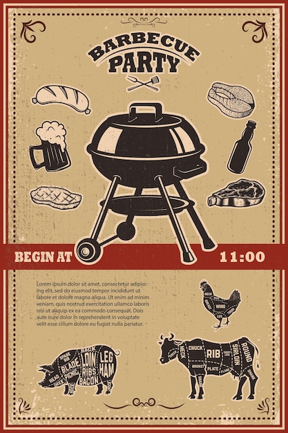 Vintage bbq party poster template. Grill, steak, meat, beer bottle and mug.