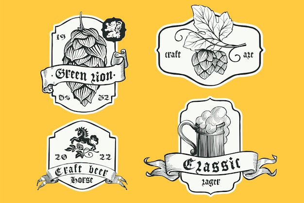 Vintage beer emblems hand drawn engraving style illustration Oktoberfest vector set