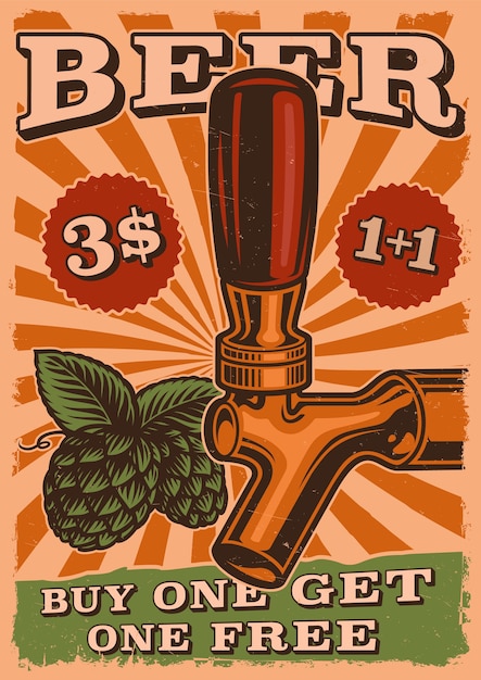 vintage beer poster with beer tap and hop