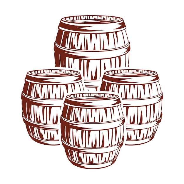 Vintage Beer wooden cask or barrels set Drum vector Hand drawn design element isolated