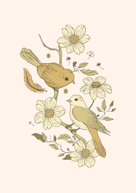 Vector vintage bird and flowers printable poster