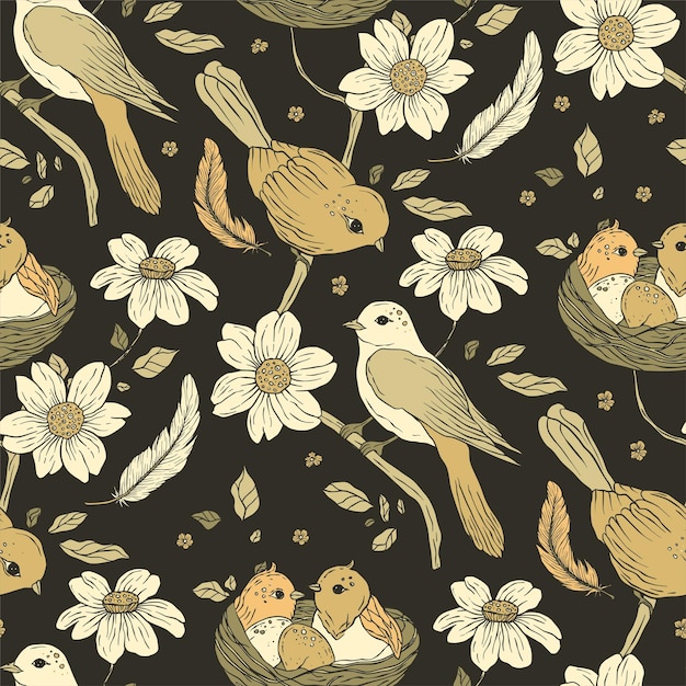 Vintage birds and flowers seamless pattern