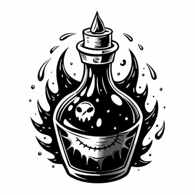 Vintage Black and White Poison Bottle Illustration with Skull and Dark Flames