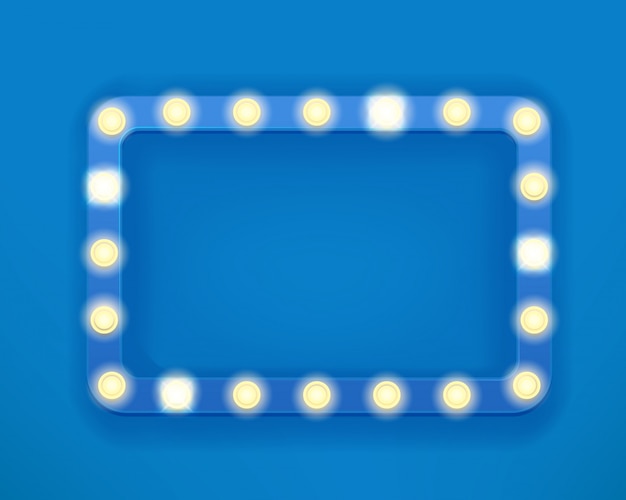 Vintage blue frame with bright lightbulbs. Bright retro frame