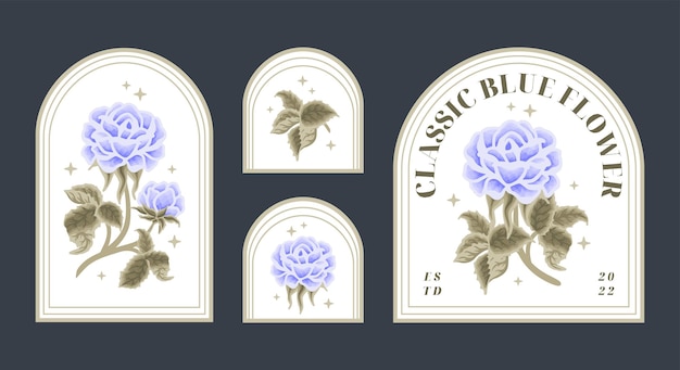 Vintage blue rose flower label element collection for feminine logo and beauty brand with frame