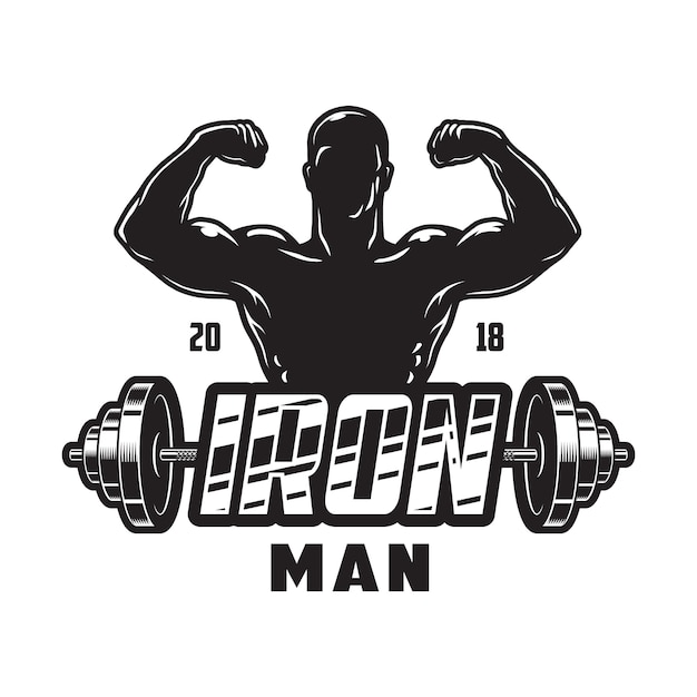 Vintage bodybuilding label  with strong man metal dumbbell and inscription