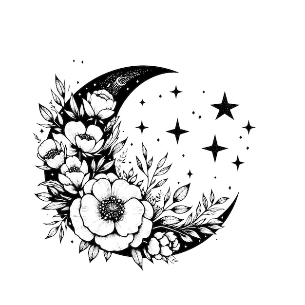 Vector vintage boho moon with flower silhouette illustration vector