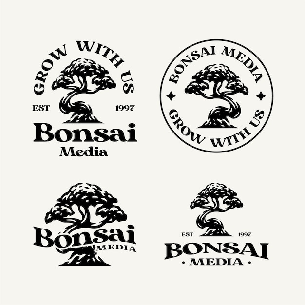 Vintage Bonsai Tree Badge Emblem Logo Collection Set