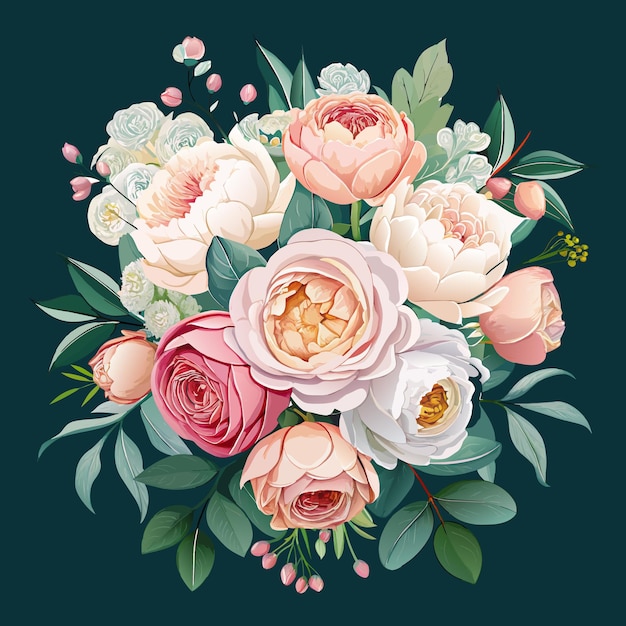 Vintage bouquet of roses and peonies vector illustration