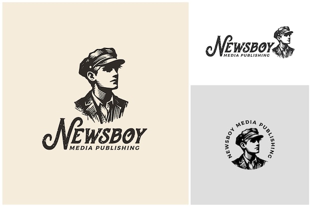 Vector vintage boy kid with cadet flat cap for newsboy or paperboy classic drawing illustration logo design